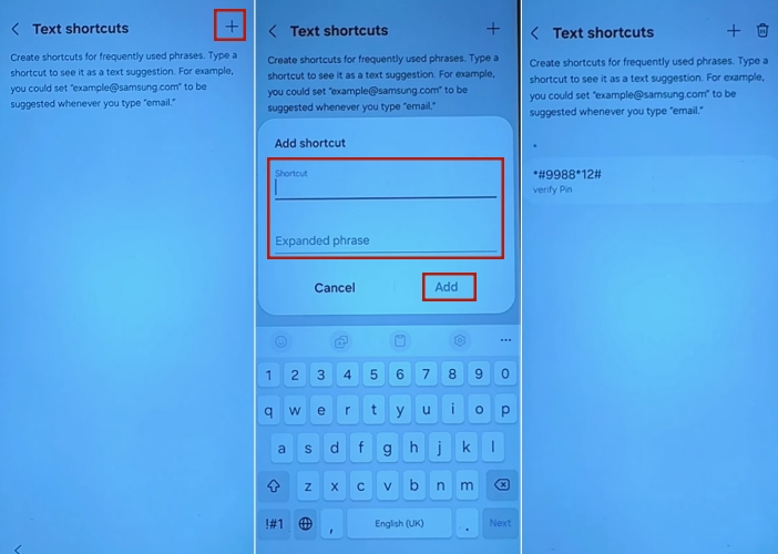 samsung keyboard add shortcuts