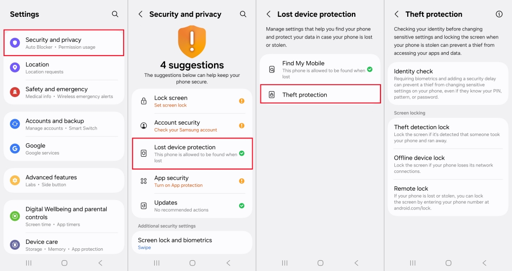 set lost device protection on samsung phone
