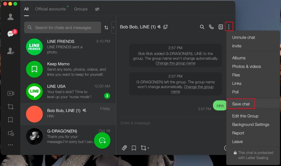 back up line chat via save chat on mac