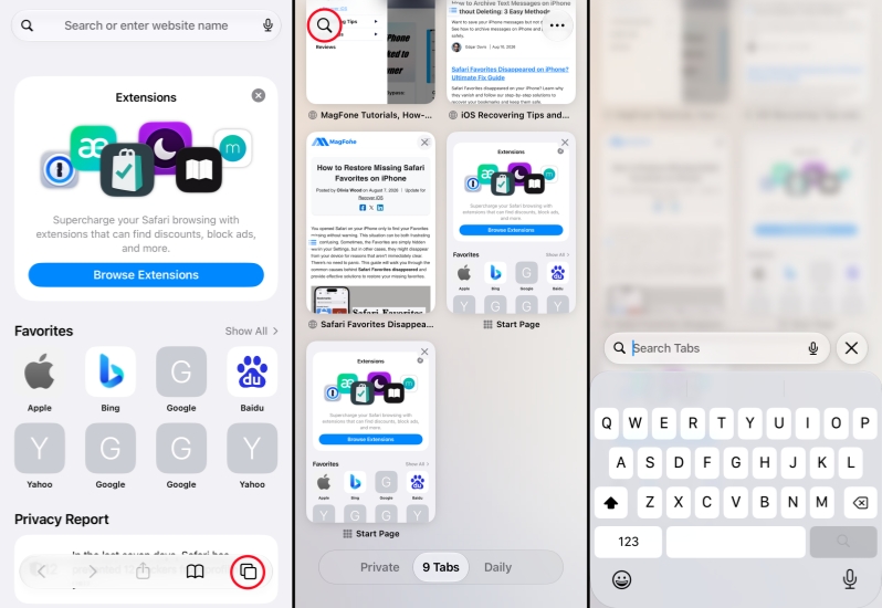 search for tabs in safari