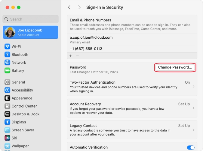 change apple id password on mac