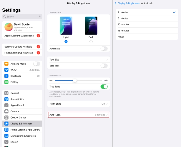 set dark mode and auto lock on ipad