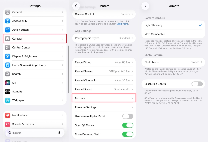 set camera formats on iphone
