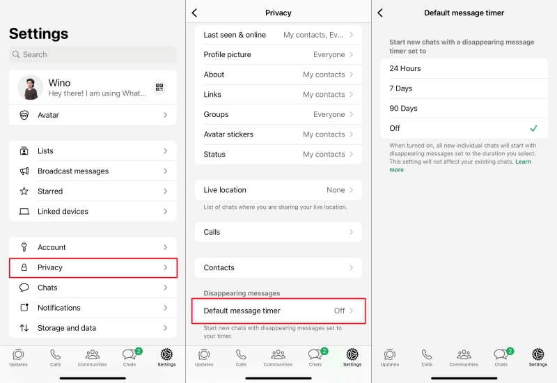 set default message timer on whatsapp