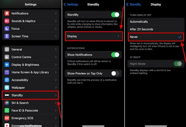 set display preferences for standby on iphone