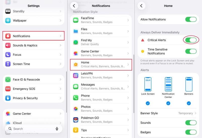 set critical alerts of home in notifications on iphone