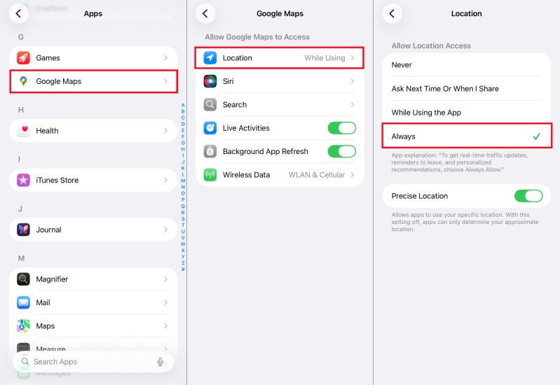 set location services for google maps on iphone