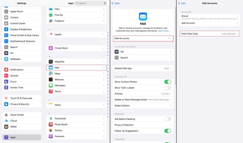 adjust mail fetch on ipad