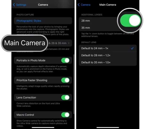 set main camera on iphone