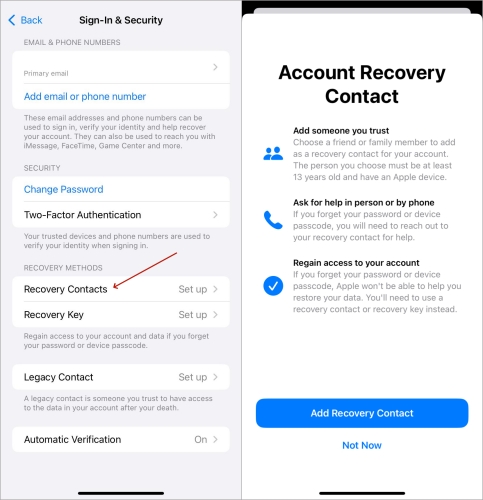 set recovery contact on iphone