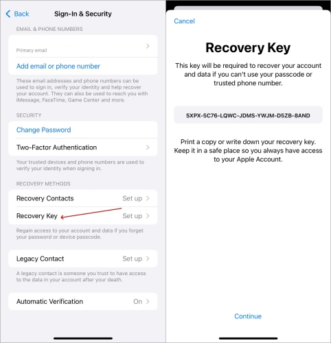set recovery key on iphone