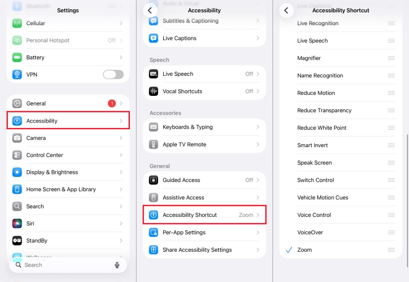 set zoom accessibility shortcut on iphone