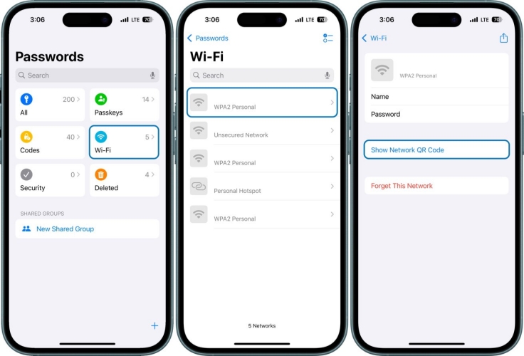 show network qr code in passwords app