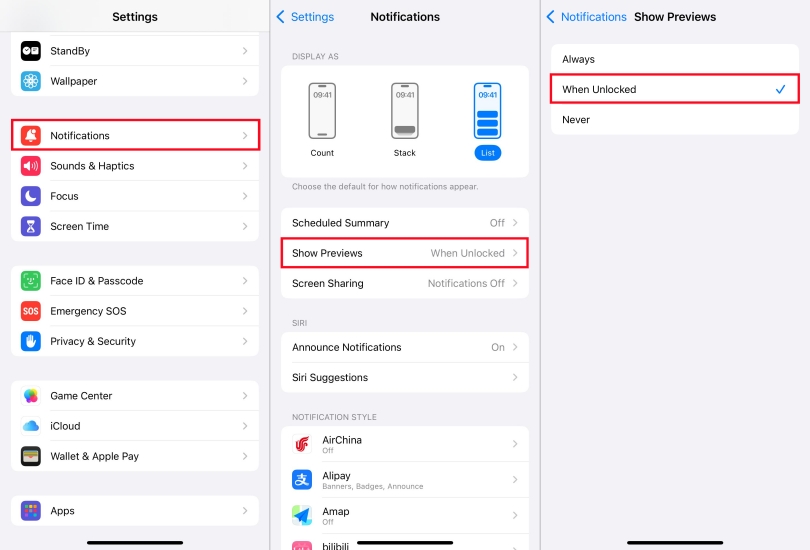 show previews when locked on iphone