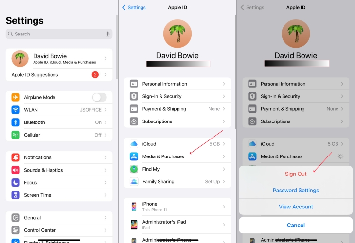 sign out apple id in media & purchase on iphone