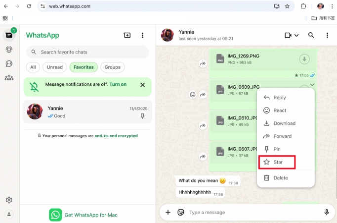 star a whatsapp message on whatsapp web