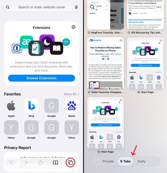 switch tabs in safari