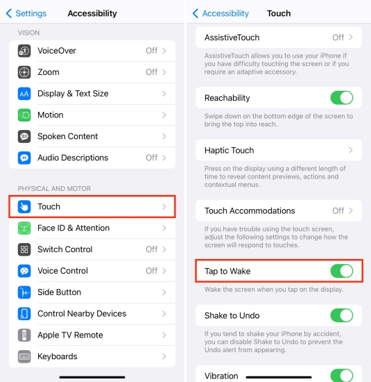 turn off tap to wake on iphone