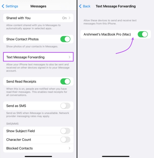 allow text message forwarding to mac on iphone