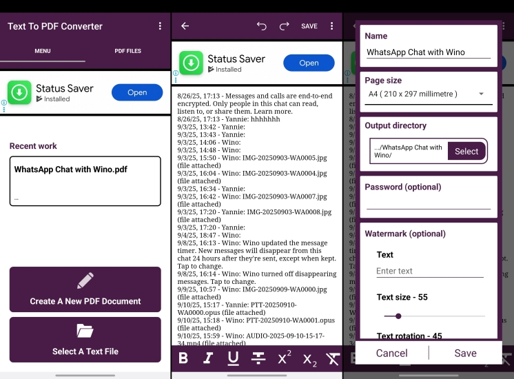 export whatsapp chat to pdf via text to pdf converter