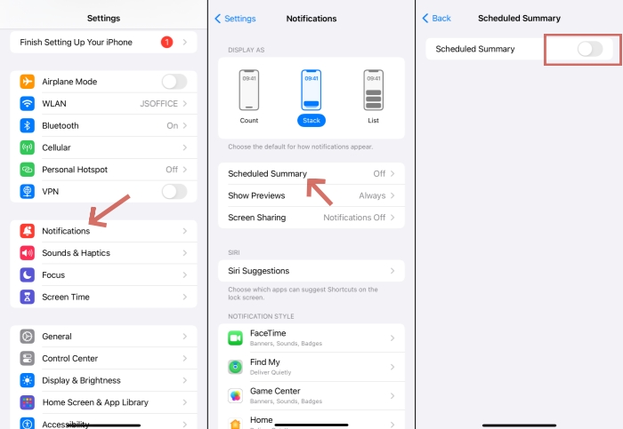 toggle off scheduled summary on iphone