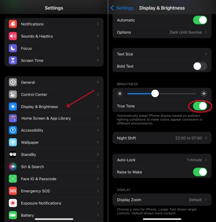 disable true tone in settings