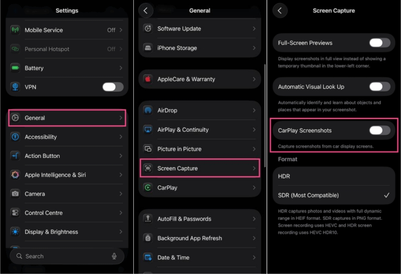 turn off carplay screenshots on iphone