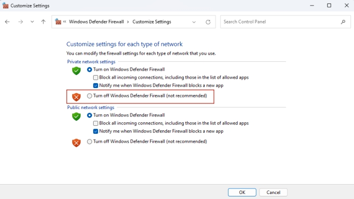 turn off firewall windows
