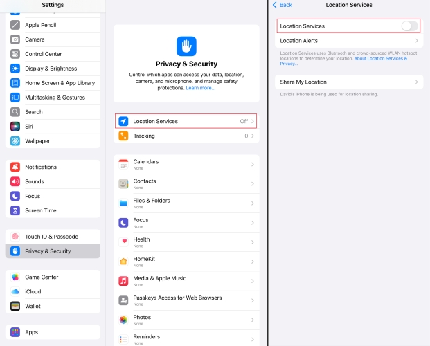 turn off location services on ipad