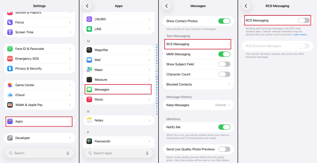 disable rcs messages on iphone