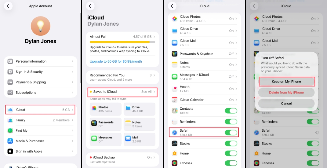 toggle on and off icloud sync for safari