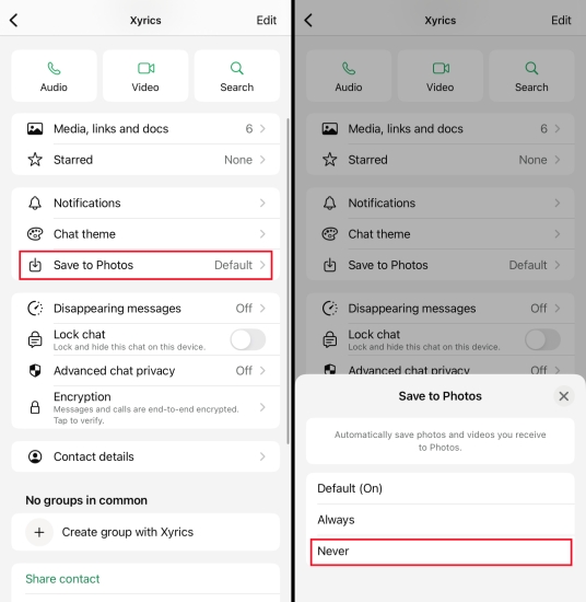 stop whatsapp auto save photos for specific chat on iphone
