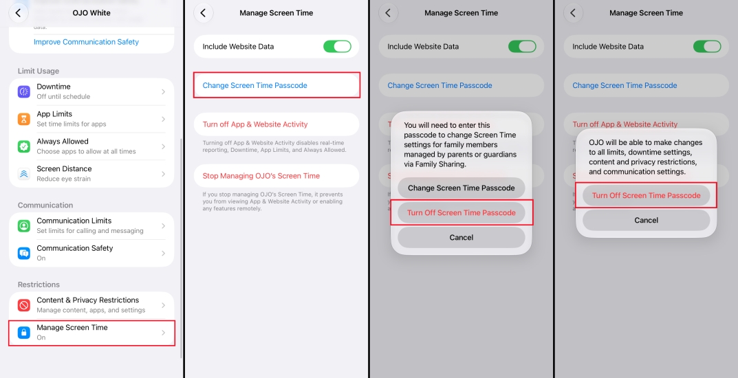 disable screen time passcode on child device