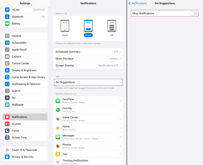 turn off siri suggestion and adjust notifications on ipad