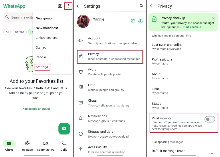 turn off whatsapp read receipts on android