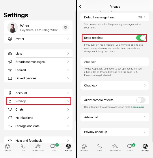 turn off whatsapp read receipts on iphone