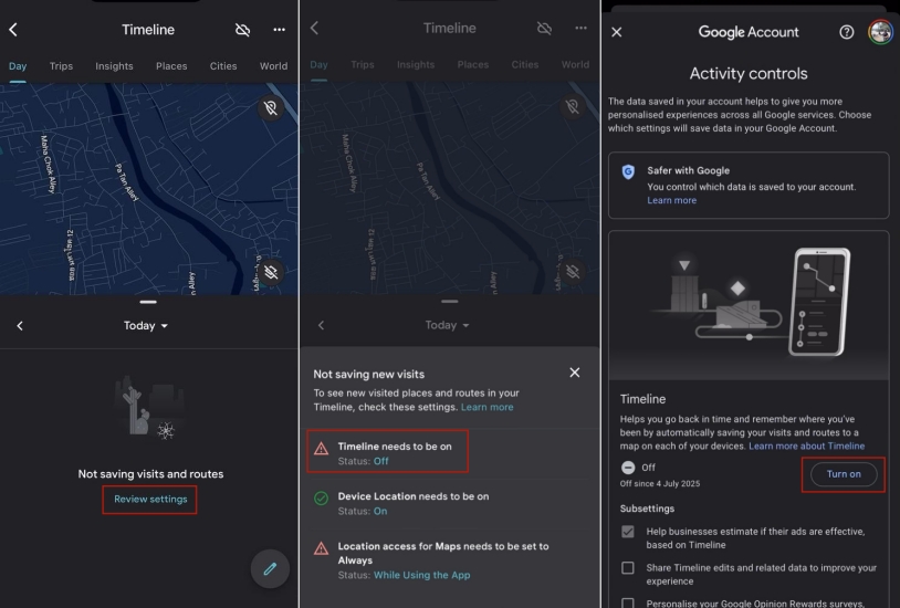 turn on google maps timeline