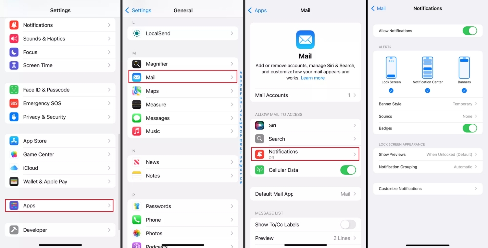 turn on notifications for mail