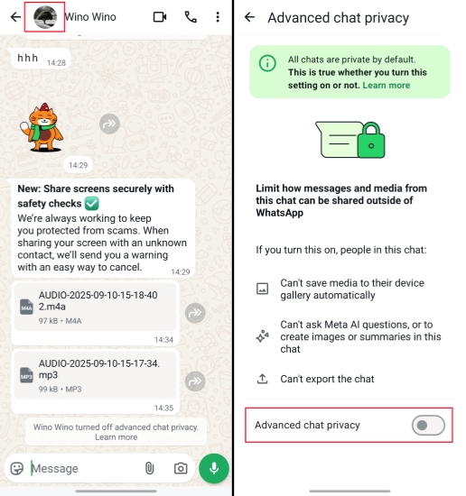 turn on whatsapp advanced chat privacy on android