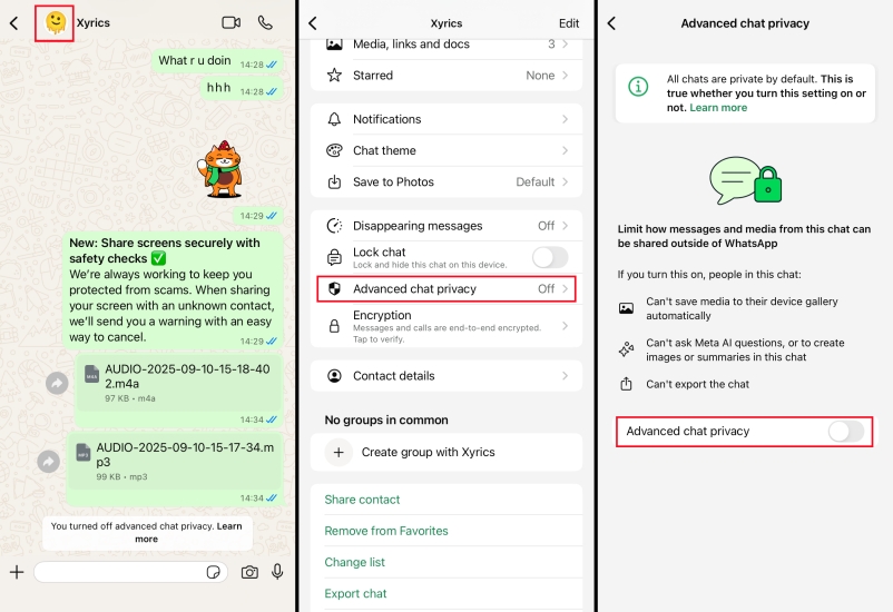 turn on whatsapp advanced chat privacy on iphone