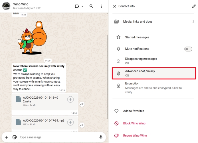 turn on whatsapp advanced chat privacy on whatsapp web