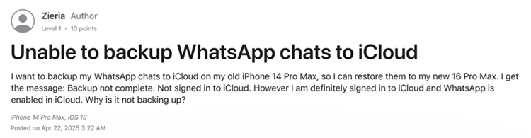 unable to back up whatsapp chats to icloud