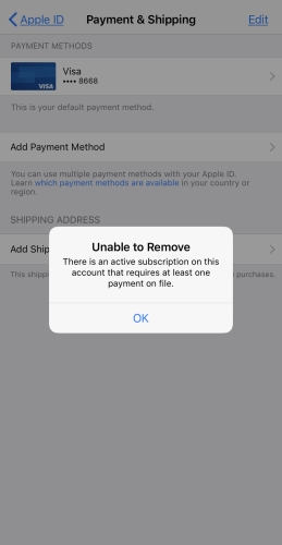 unable to remove payment method from iphone