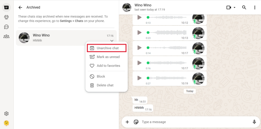 unarchive whatsapp chat on whatsapp web