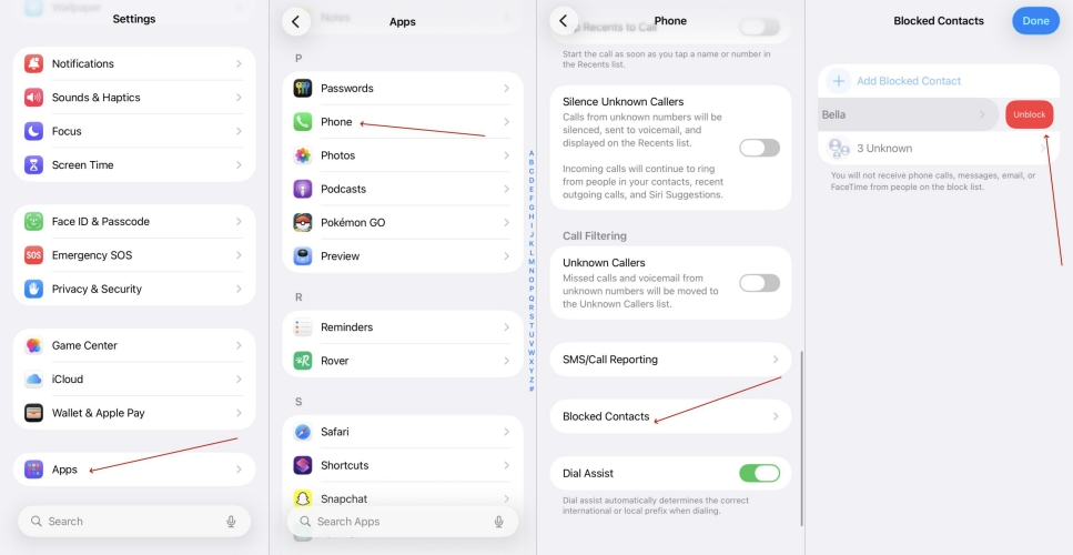 unblock contacts on iphone