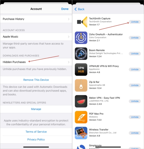 unhide purchased apps