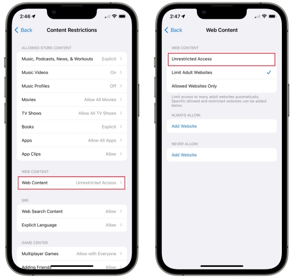 unrestricted access to web content on iphone