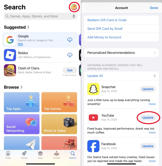 udpate youtube on iphone