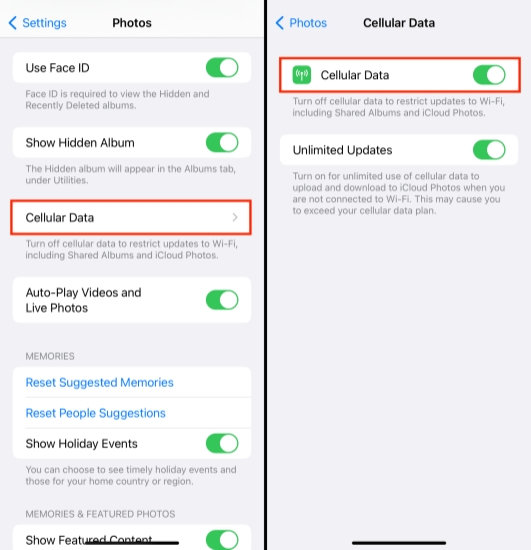 use cellular data to sync photos