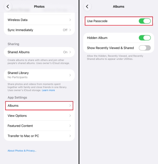 enable passcode for hidden album